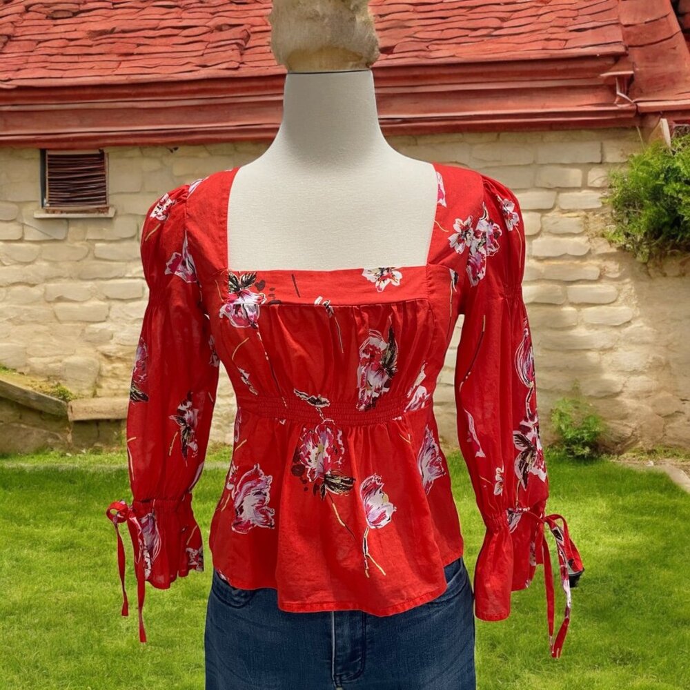 Free People Red Floral Square Neck XS Blouse Puff Sleeves Tie‎ Cuffs Festival